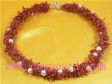 twisted freshwater pearl necklace with red coral beads