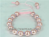 adjustable knitted bracelet with 10mm pink shell pearls