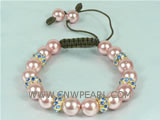 adjustable knitted bracelet with pink shell pearls
