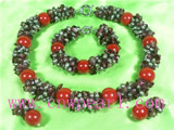 black pearl necklace set with wine red crystal beads