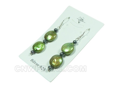 12mm green coin freshwater pearl sterling earrings