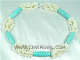 twisted white coral necklace with 12*40mm column turquoise beads