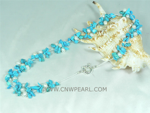 4-5mm white side-drilled pearls necklace with turquoise beads